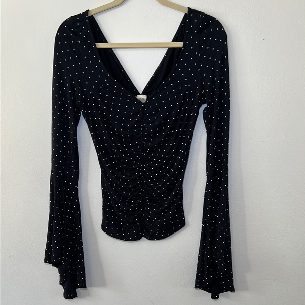 We The Free What a Babe Navy and White polka dot Bell Sleeve Blouse